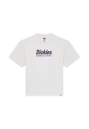 Bílá bavlněná tričko s krátkými rukávy, kulatým výstřihem, se současným potiskem "Dickies" a "DURABLE CLOTHES" v tmavě modré barvě. Klasický střih.