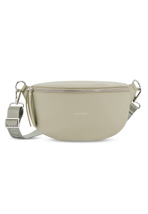 Lysegrøn rund crossbody taske med lynlås og justerbar grå rem med sølv hardware.