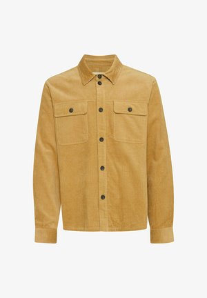 Tan kordjakke med krave, to brystlommer, knaplukning og ribbet tekstur. Har sorte knapper.