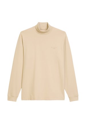 Beige coltrui met lange mouwen, gemaakt van zachte stof. Heeft een comfortabele pasvorm en een subtiel logo op de borst. Soepele textuur.