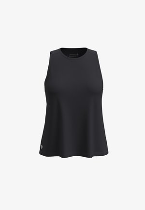 Schwarzes ärmelloses Sporttanktop mit rundem Ausschnitt, glatter Textur und A-Linien-Form. Verfügt über ein kleines Logo am Saum.