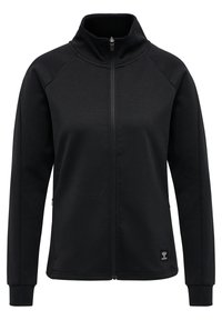 Giacca nera con zip realizzata in tessuto morbido, con colletto alto e maniche raglan. Presenta un piccolo logo sulla parte anteriore inferiore e polsini a coste.