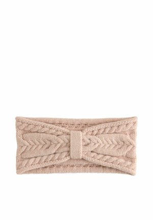 Strickstirnband in hellem Beige, mit Kabelstrick-Textur und einem zentralen Akzentband. Weiches, elastisches Material, das für Wärme sorgt.