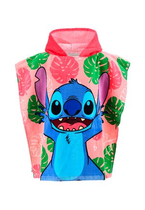 Poncho serviette avec capuche pour enfants avec des feuilles tropicales roses et vertes et un grand personnage Stitch bleu sur le devant.