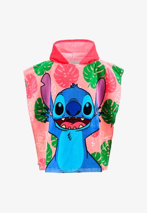 Kinder Kapuzenhandtuch-Poncho mit rosa und grünen tropischen Blättern und einer großen blauen Stitch-Figur auf der Vorderseite.
