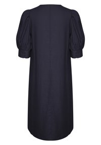 Granatowa sukienka lniana o prostym kroju, z bufiastymi krótkimi rękawami i okrągłym dekoltem. Ma detal w postaci guzików na mankietach.