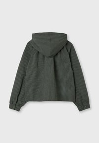 Veste à manches longues à carreaux vert foncé avec capuche, poignets boutonnés, vue de dos sur un fond clair uni.