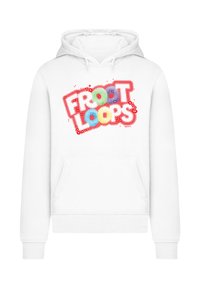 Weißer Hoodie mit einer Fronttasche, die ein farbenfrohes "Froot Loops"-Grafikdesign in roten, blauen, grünen und gelben Halbtönen zeigt.