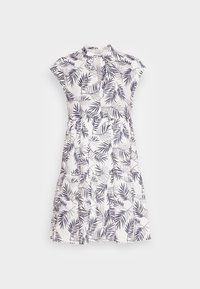 Witte jurk met marineblauw bladprint, kraag halslijn, korte mouwen en gelaagd zoom. Gemaakt van lichte stof.