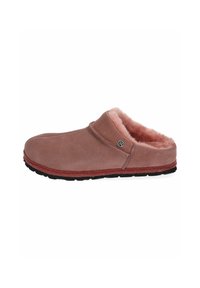 Pantofole in suede rosa con interno soffice di un rosa chiaro, suola in gomma e design semplice a cucitura. Presenta un logo decorativo sul lato.