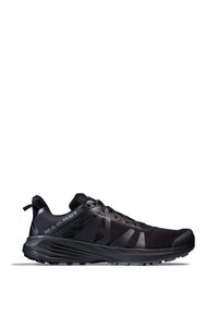 Schwarzer Trailrunning-Schuh mit texturiertem Obermaterial, schlankem Design, verstärkter Zehenpartie und erhöhtem Außensohle für besseren Grip. Mit Markenlogo an der Seite.