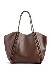 Bolso tote de cuero marrón con forma estructurada, asas dobles y un bolsillo frontal plano. Textura suave con detalles de costura mínimos.