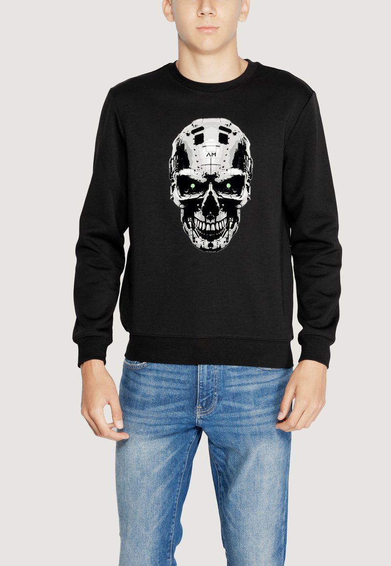Sudadera negra con un diseño central de calavera en blanco y verde, confeccionada en una tela suave con puños y dobladillo acanalados.
