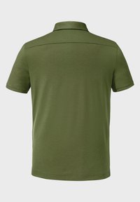 Dunkelgrünes Poloshirt mit klassischem Kragen, kurzen Ärmeln und einer glatten Textur mit dezentem Glanz, entwickelt für eine lockere Passform.