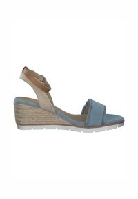 Sandalo con zeppa in espadrille blu, con tacco in juta intrecciata, fasce in tessuto strutturato, punta aperta e chiusura con fibbia su una fascia.
