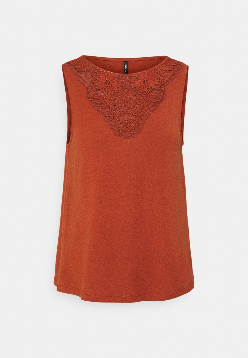 Haut sans manches orange rouille avec encolure ronde et détail d'une broderie en dentelle délicate sur la poitrine.