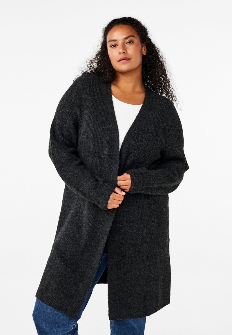 Zizzi FLASH MIT SCHLITZEN - Strickjacke - dark grey melange