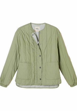 Quilted green jacket with a snap closure, two front pockets, and a checked lining. Features elastic cuffs and vertical stitching details.