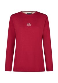 Rode lange mouwen shirt met 'holly JOLLY' witte tekst geborduurd op de borst, ronde halslijn en eenvoudige rechte zoom.