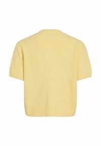 Krátký rukáv, svetr s kulatým výstřihem v jemně žluté barvě. Má texturovaný povrch a žebrovaný lem. Volný střih s hladkým zakončením.