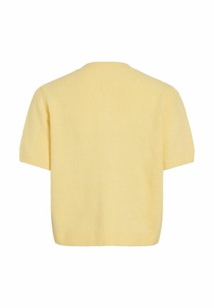 Striktrøje med korte ærmer og rund hals i blød gul farve. Har en tekstureret overflade og ribbet kant. Løs pasform med en glat finish.