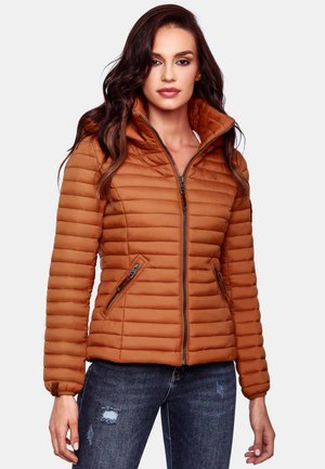 Brown puffer jacket with a high collar, zippered front, and two side pockets. Quilted design with a smooth finish.