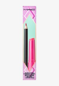 MAC Squirt Plumping duo pakke med en sort læbeblyant og en pink gloss-stick i en mønstret pink æske med mintgrønne accenter.