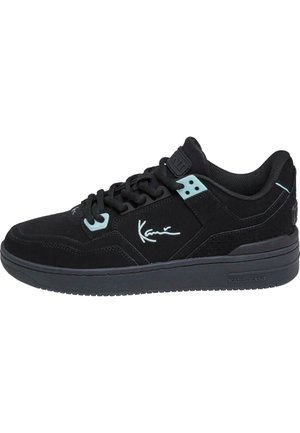 Black suede sneaker with a round toe, textured black accents, light blue details, and bold logo on the side. Flat sole completes the design.