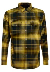 Flanellen overhemd met geel-groen geruit patroon, knoopsluiting aan de voorkant, twee borstzakken en lange mouwen. Zachte textuur, standaardkraag.
