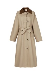 Beige trenchcoat met een bruine kraag, knoopsluiting, ceintuur in de taille en lange mouwen. Soepele textuur, knie-lange snit.