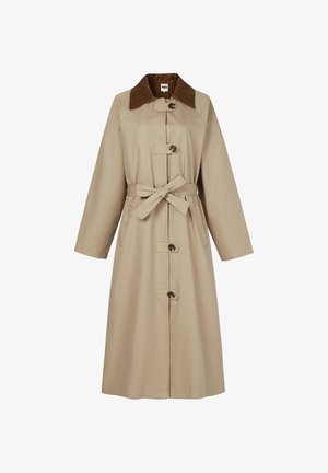 Beige trenchcoat met een bruine kraag, knoopsluiting, ceintuur in de taille en lange mouwen. Soepele textuur, knie-lange snit.