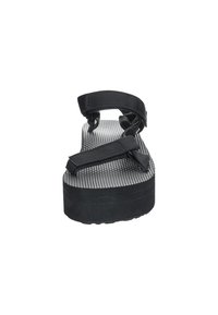 Black platform sandals with textured gray insole and adjustable black straps. Flat sole with a consistent width and rubber material.