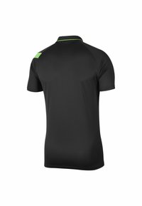 Schwarzes kurzärmliges Poloshirt mit grünem Akzent an Schulter und Kragen. Hergestellt aus glattem, leichtem Stoff. Einfaches Design mit klassischer Passform.