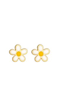 Orecchini a forma di fiore in tono oro, con un design di petali bianchi e un centro giallo. I petali hanno una finitura liscia e sono sagomati come margherite.