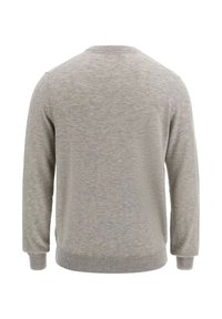 Suéter gris con cuello redondo, mangas largas y puños acanalados. La tela tiene una textura suave con un sutil patrón jaspeado.