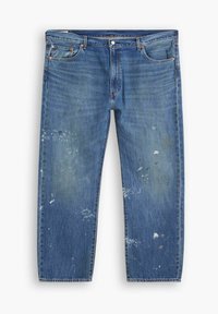 Jeans de mezclilla azul con un diseño de pierna recta, áreas descoloridas y manchas de pintura. Incluye cinco bolsillos y detalles en cobre.