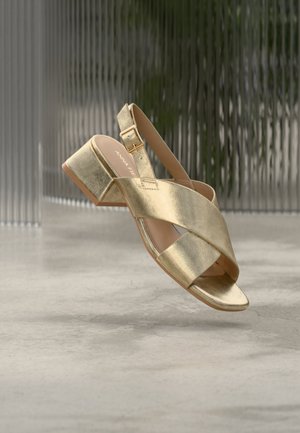 Gullmetallisk sandal med lave hæler, kryssede remmer og ankelspenne, stående på betonggulv med teksturert glass i bakgrunnen.