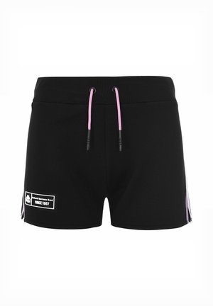 Pantaloni corti atletici neri con lacci rosa. Presentano una toppa con logo e accenti bianchi sui lati. Realizzati in un materiale testurizzato e traspirante.
