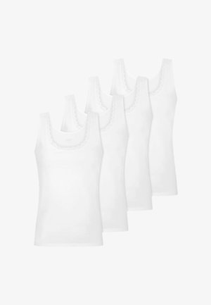 Vier weiße ärmellose Tanktops mit Spitzenbesatz am Ausschnitt, versetzt auf einem weißen Hintergrund angeordnet.