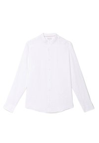 Camicia bianca a maniche lunghe realizzata in tessuto leggero, con colletto rotondo a banda e chiusura con bottoni, maniche con polsini e orlo dritto.