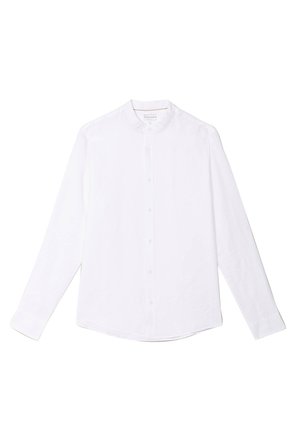 White long-sleeve shirt made of lightweight fabric, featuring a round, banded collar and button-down front, with cuffed sleeves and a straight hem.