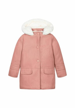 Manteau en pied-de-poule rose avec une capuche bordée de fausse fourrure blanche, fermeture à boutons sur le devant et deux poches avant. Manches longues avec des détails cousus.