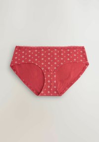 Red cotton panties with white floral prints, lace trim at the waist, and a seamless back. Soft texture and elastic waistband for comfort.