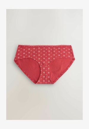 Rote Baumwollunterhosen mit weißen Floralprints, Spitzenrand an der Taille und nahtlosem Rückenteil. Weicher Stoff und elastischer Bund für hohen Tragekomfort.