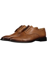 Braune Lederanzugschuhe mit glatter Textur, runder Spitze und klassischem Schnürdesign; schwarze Gummisohle und Ziernähte.