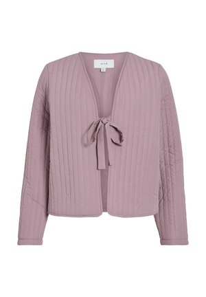 Giacca trapuntata in un delicato mauve con scollatura a V e chiusura con laccio. Presenta una texture a coste e maniche lunghe, offrendo una vestibilità comoda.