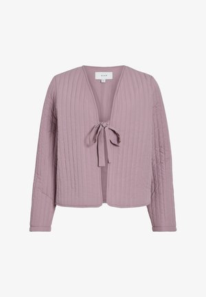 Veste matelassée en mauve clair avec un décolleté en V et une fermeture à nouer. Présente une texture côtelée et des manches longues, offrant une coupe décontractée.