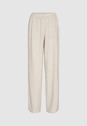 Pantaloni larghi in lino di un colore beige chiaro con vita elastica, presentano una trama liscia e un design semplice e dritto.