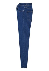Mršave traperice u tamnoplavom denimu. Značajke uključuju pet džepova, petlje za remen i glatku teksturu. Nema vidljivih uzoraka ili ukrasa.