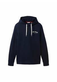 Marinblå hoodie i bomullsmix; har en framficka, vita dragsko och en liten logotryck på bröstet. Mjuk textur.